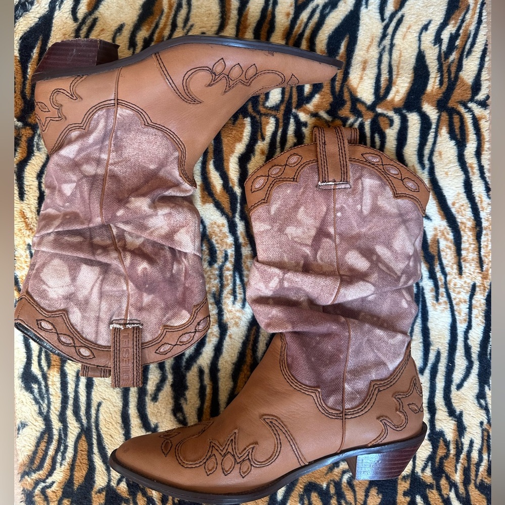 DIESEL BOOTS LEATHER/CANVAS  WESTERN COWGIRL RODEO SZ 8 RUGGED RARE ICONIC - Picture 15 of 17